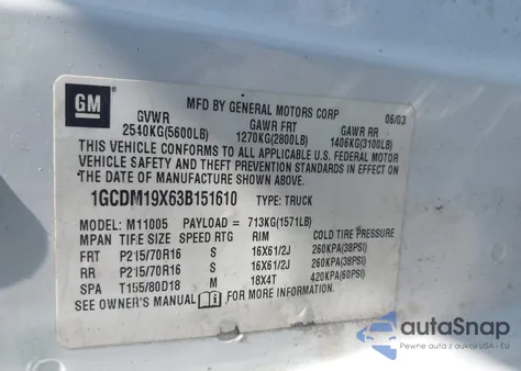 2003 Chevrolet Astro z USA, uszkodzony, nr VIN 1GCDM19X63B151610